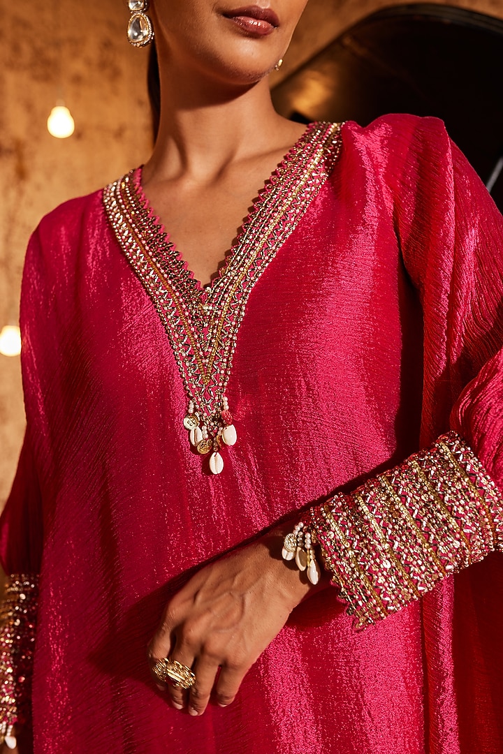 Hot Pink Crinke & Crepe Kaftan Set by Nidhika Shekhar at Pernia's Pop Up Shop