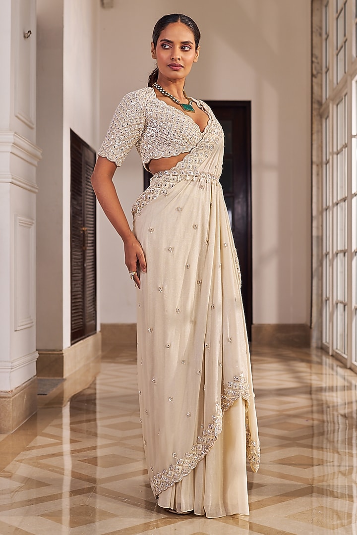 Champagne Foil Georgette Wedding Saree Set by Nidhika Shekhar at Pernia's Pop Up Shop