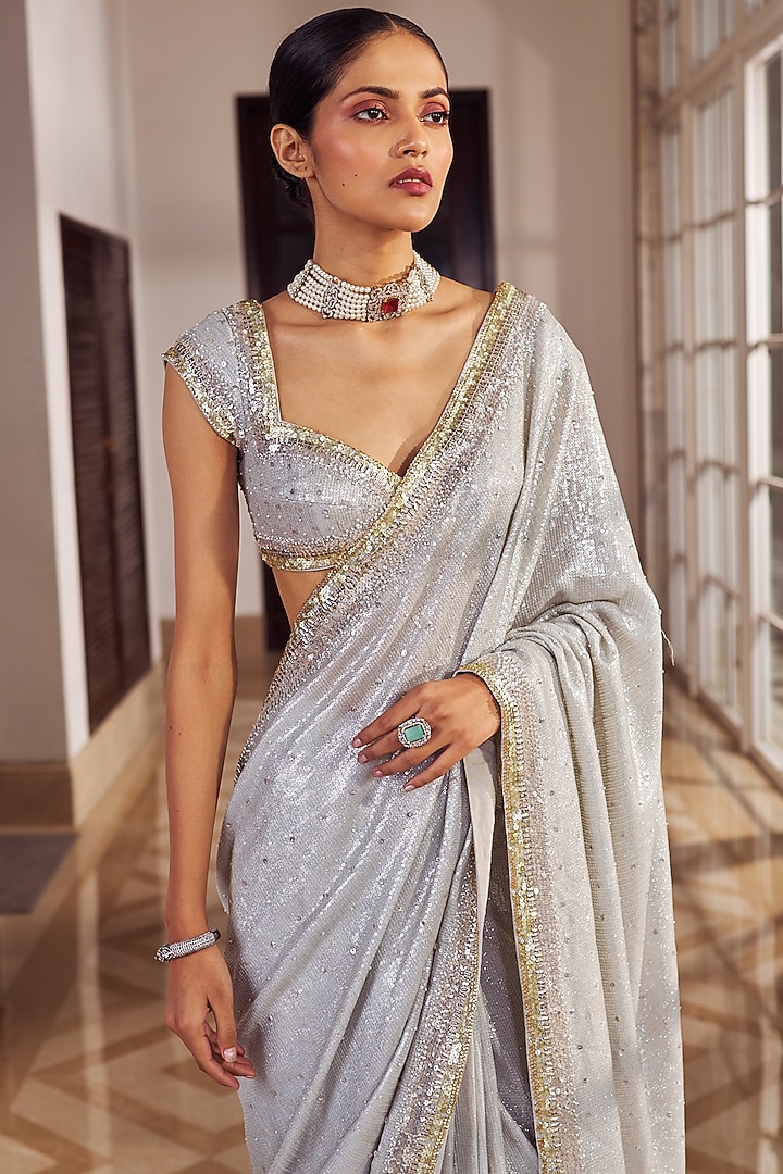 Silver Sequins Fabric Wedding Saree Set by Nidhika Shekhar at Pernia's Pop Up Shop