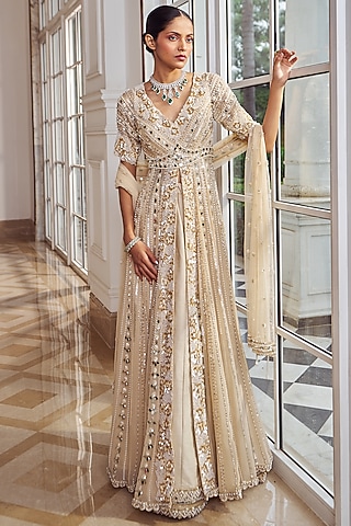 Golden Chanderi & Georgette Lehenga Set by Nidhika Shekhar