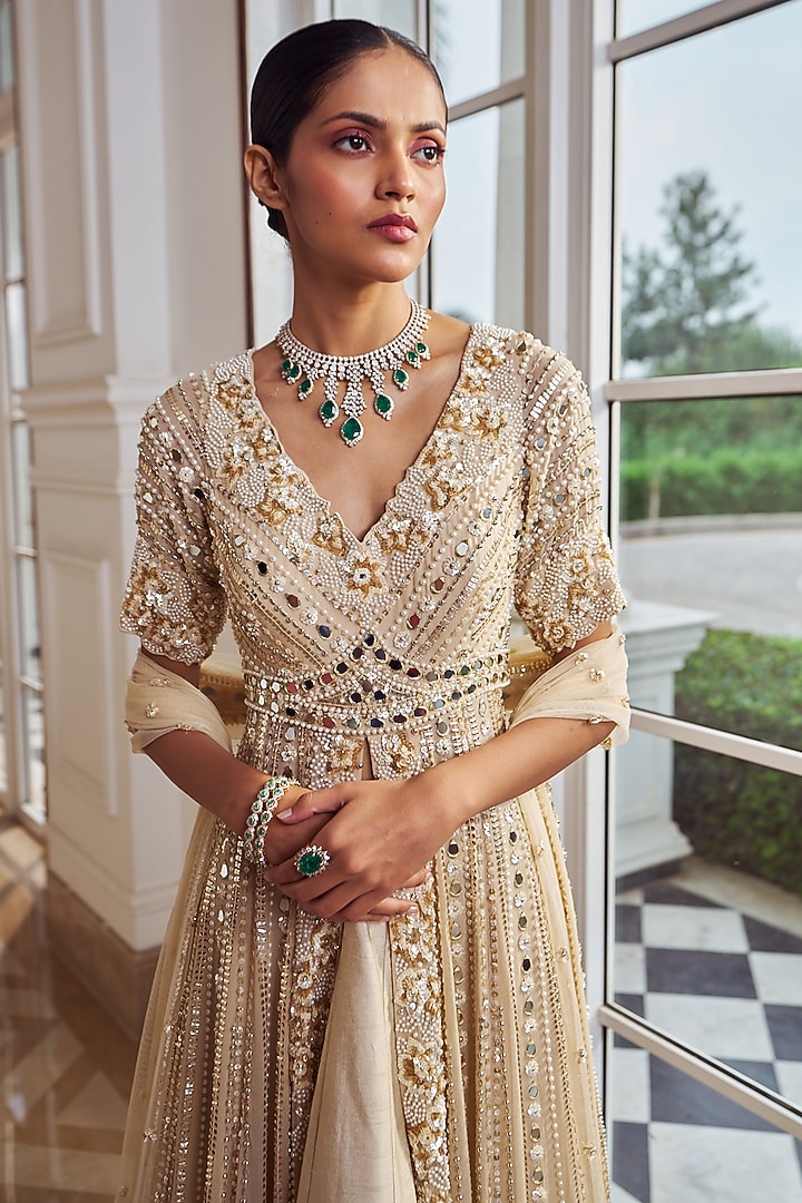Golden Chanderi & Georgette Bridal Lehenga Set by Nidhika Shekhar at Pernia's Pop Up Shop