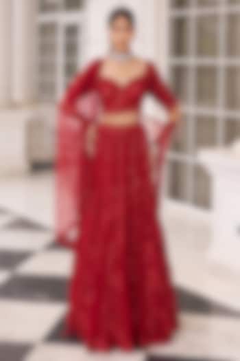 Red Organza Sequins Embroidered Bridal Lehenga Set by Nidhika Shekhar at Pernia's Pop Up Shop