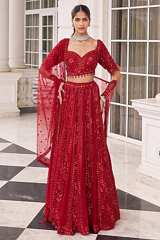 Red Organza Sequins Embroidered Lehenga Set by Nidhika Shekhar