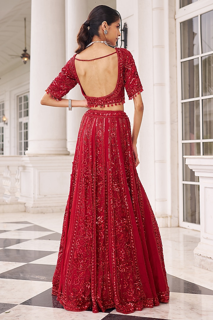 Red Organza Sequins Embroidered Bridal Lehenga Set by Nidhika Shekhar at Pernia's Pop Up Shop