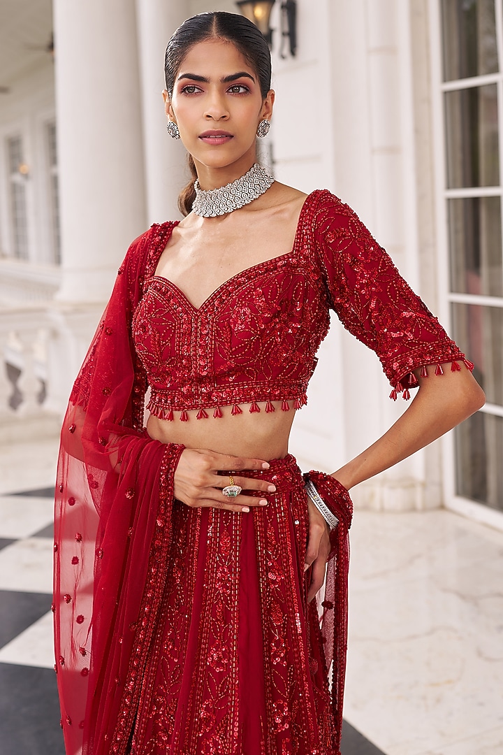 Red Organza Sequins Embroidered Bridal Lehenga Set by Nidhika Shekhar at Pernia's Pop Up Shop