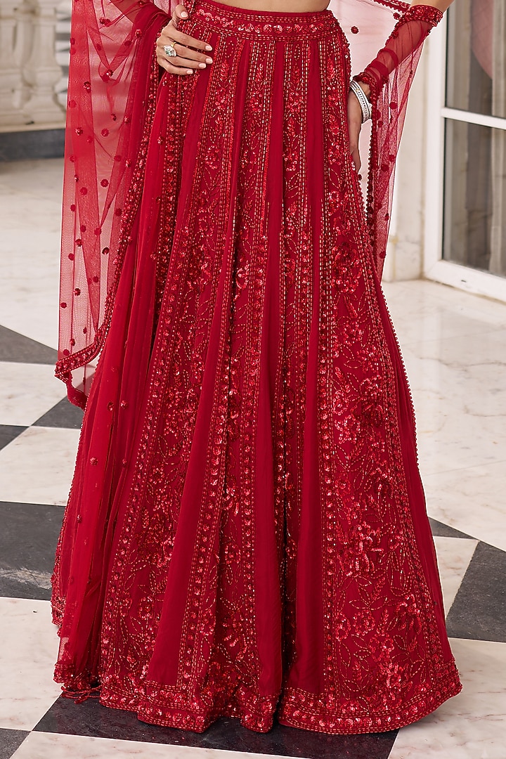 Red Organza Sequins Embroidered Bridal Lehenga Set by Nidhika Shekhar at Pernia's Pop Up Shop