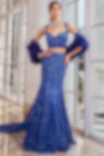 Ink Blue Georgette Sequins Embroidered Fish-Cut Wedding Lehenga Set by Nidhika Shekhar at Pernia's Pop Up Shop