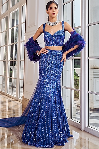 Ink Blue Georgette Sequins Embroidered Fish-Cut Lehenga Set by Nidhika Shekhar