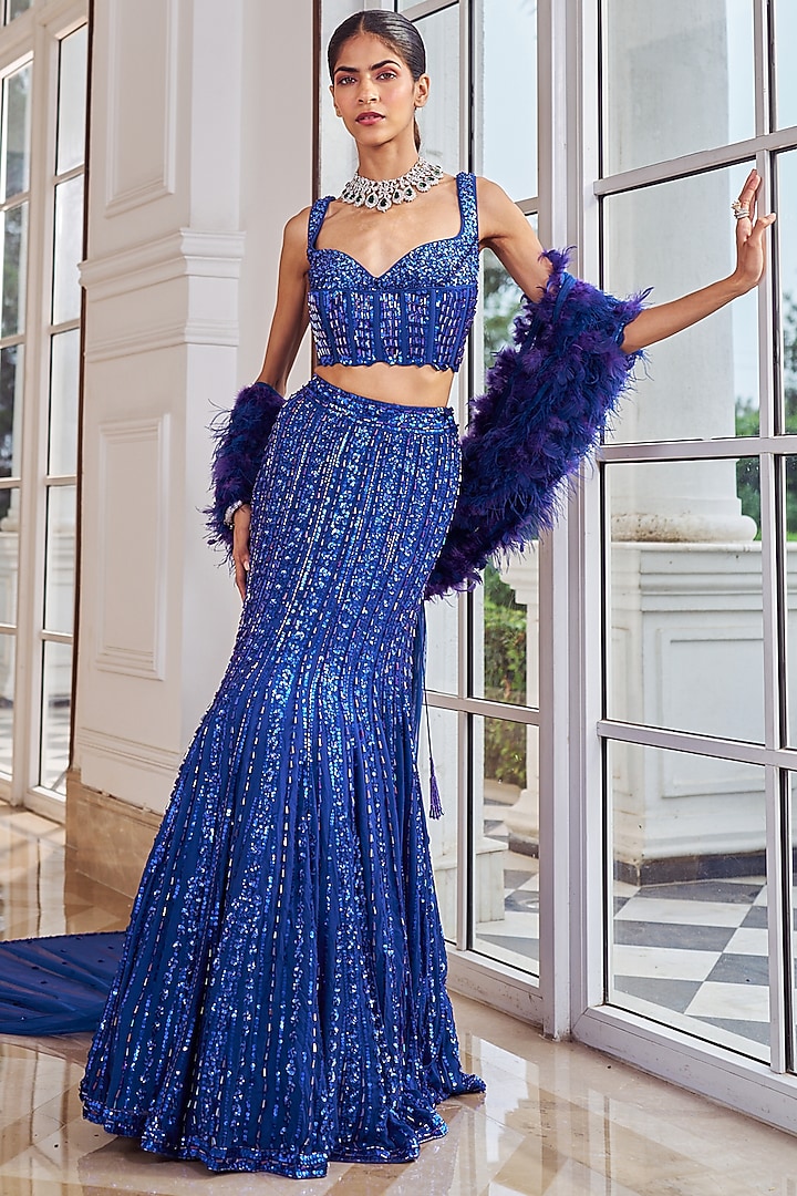 Ink Blue Georgette Sequins Embroidered Fish-Cut Wedding Lehenga Set by Nidhika Shekhar at Pernia's Pop Up Shop