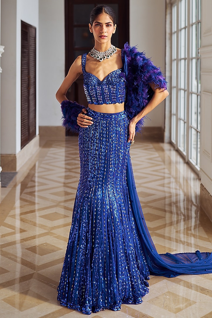 Ink Blue Georgette Sequins Embroidered Fish-Cut Wedding Lehenga Set by Nidhika Shekhar at Pernia's Pop Up Shop