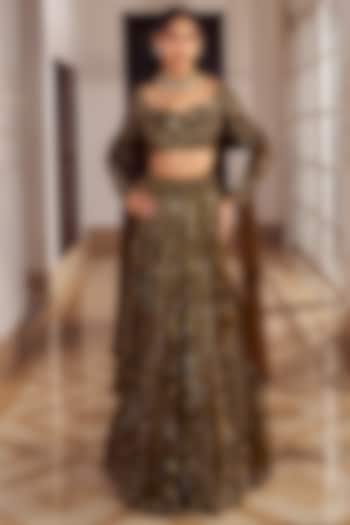Copper Georgette Embroidered Wedding Lehenga Set by Nidhika Shekhar at Pernia's Pop Up Shop