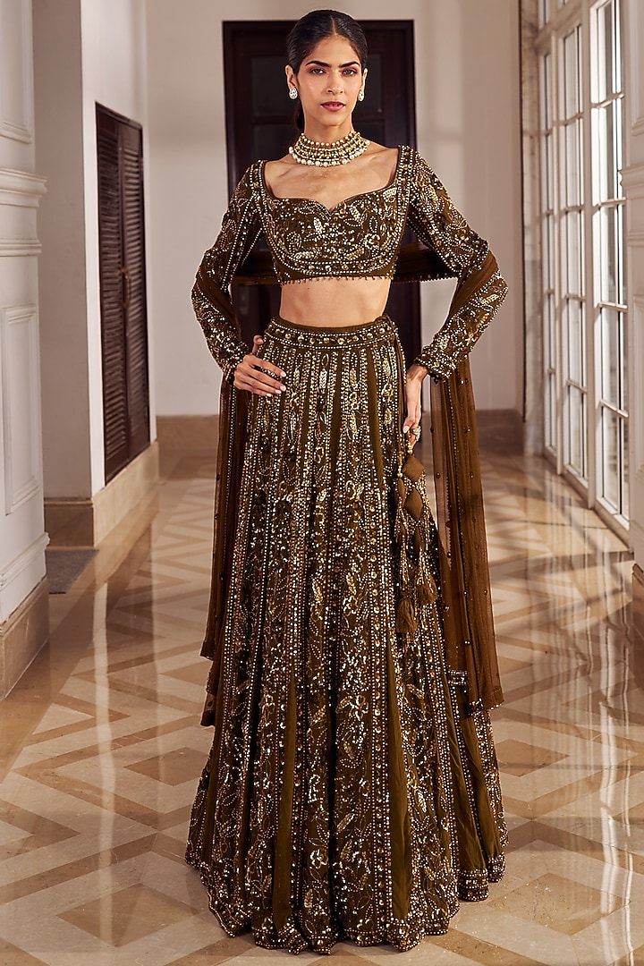 Copper Georgette Embroidered Wedding Lehenga Set by Nidhika Shekhar at Pernia's Pop Up Shop