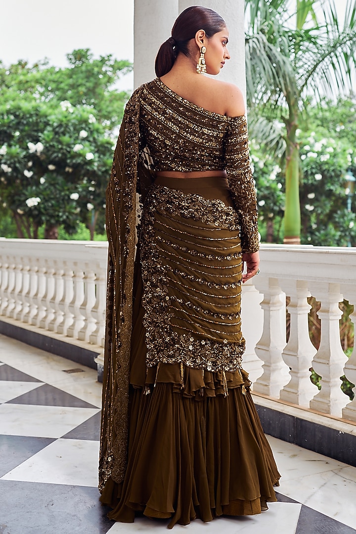 Copper Georgette Embroidered Wedding Lehenga Set by Nidhika Shekhar at Pernia's Pop Up Shop