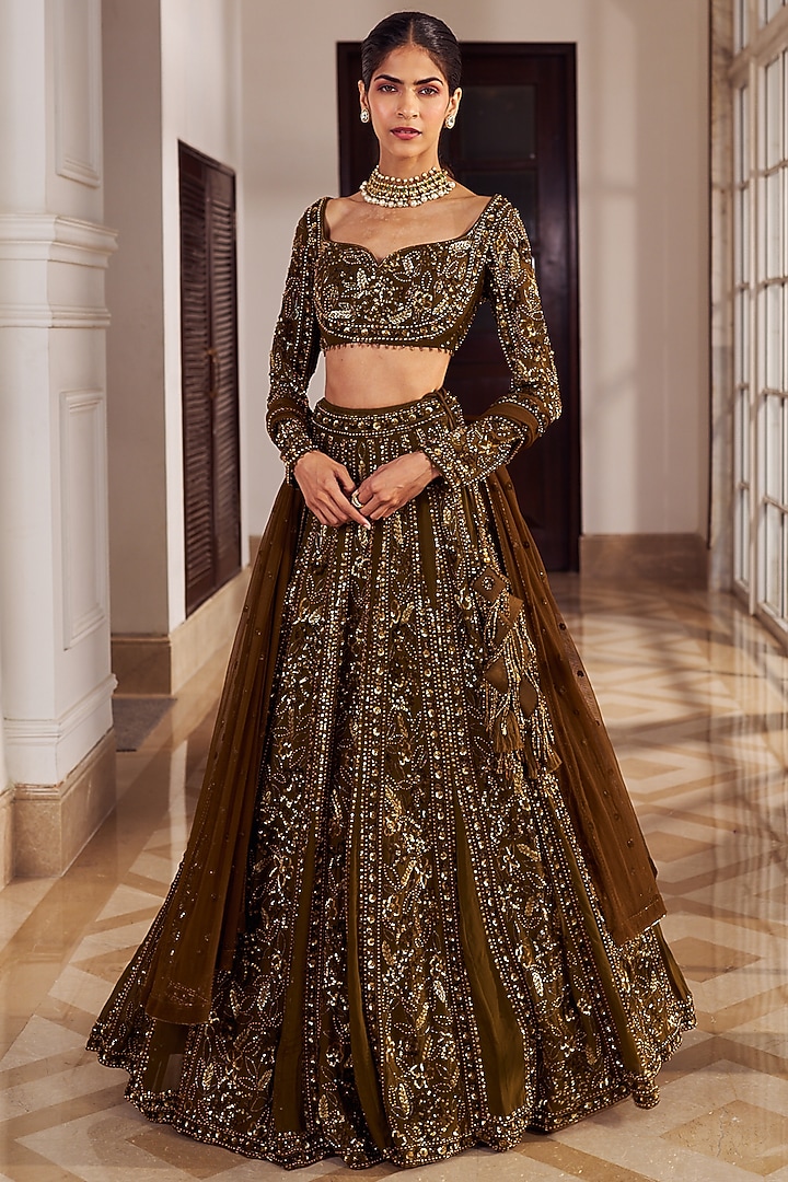 Copper Georgette Embroidered Wedding Lehenga Set by Nidhika Shekhar at Pernia's Pop Up Shop