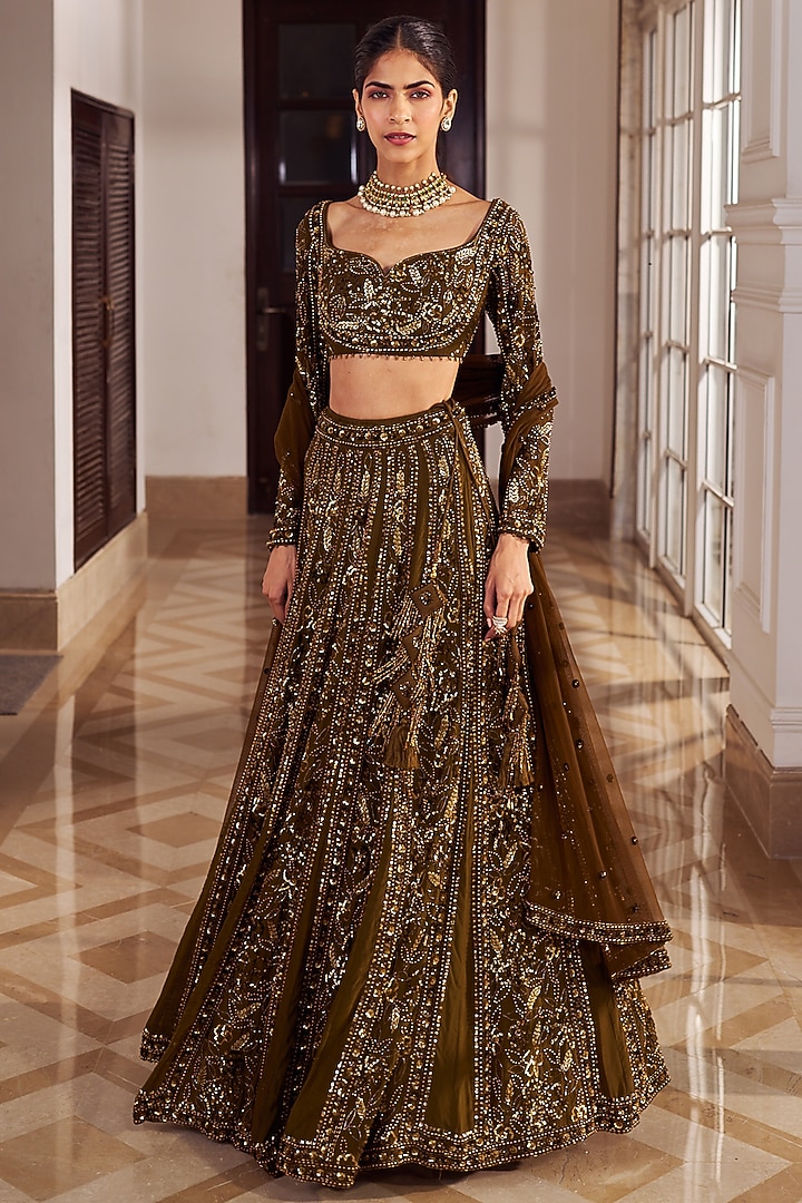 Copper Georgette Embroidered Wedding Lehenga Set by Nidhika Shekhar at Pernia's Pop Up Shop