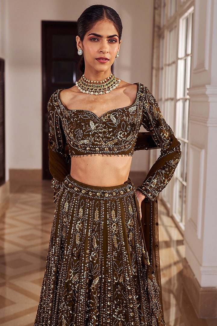 Copper Georgette Embroidered Wedding Lehenga Set by Nidhika Shekhar at Pernia's Pop Up Shop