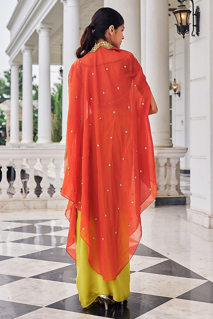 Orange Organza Embroidered Cape Set by Nidhika Shekhar at Pernia's Pop Up Shop