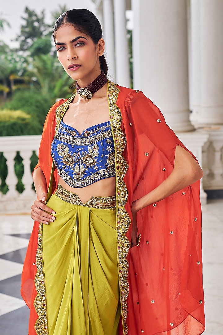 Orange Organza Embroidered Cape Set by Nidhika Shekhar at Pernia's Pop Up Shop