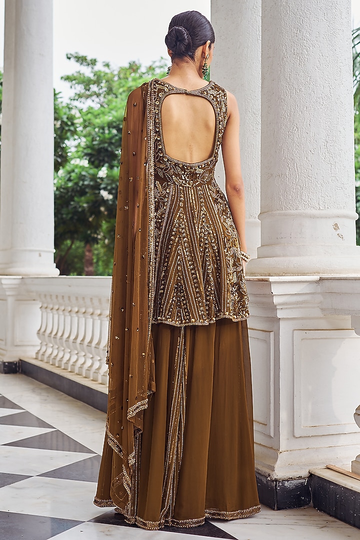 Copper Georgette Bridal Sharara Set by Nidhika Shekhar at Pernia's Pop Up Shop