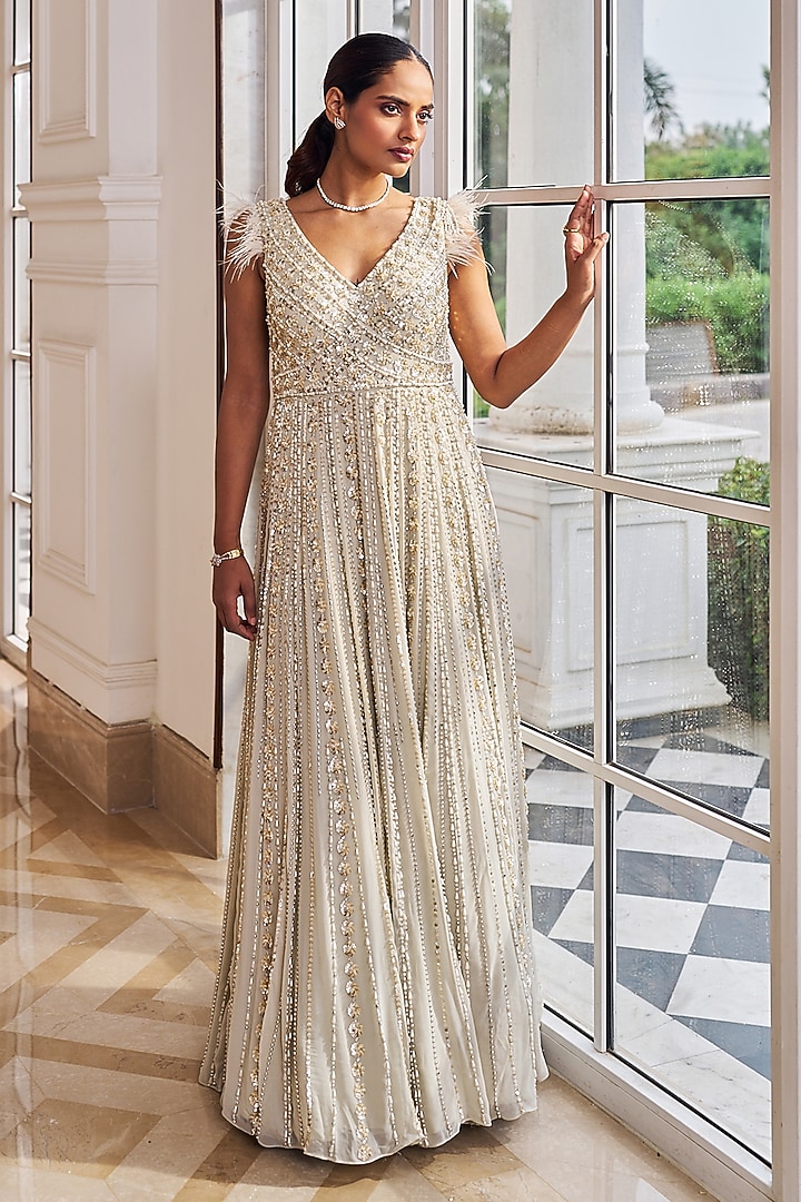 Grey Georgette Pearl Embroidered Wedding Gown by Nidhika Shekhar at Pernia's Pop Up Shop