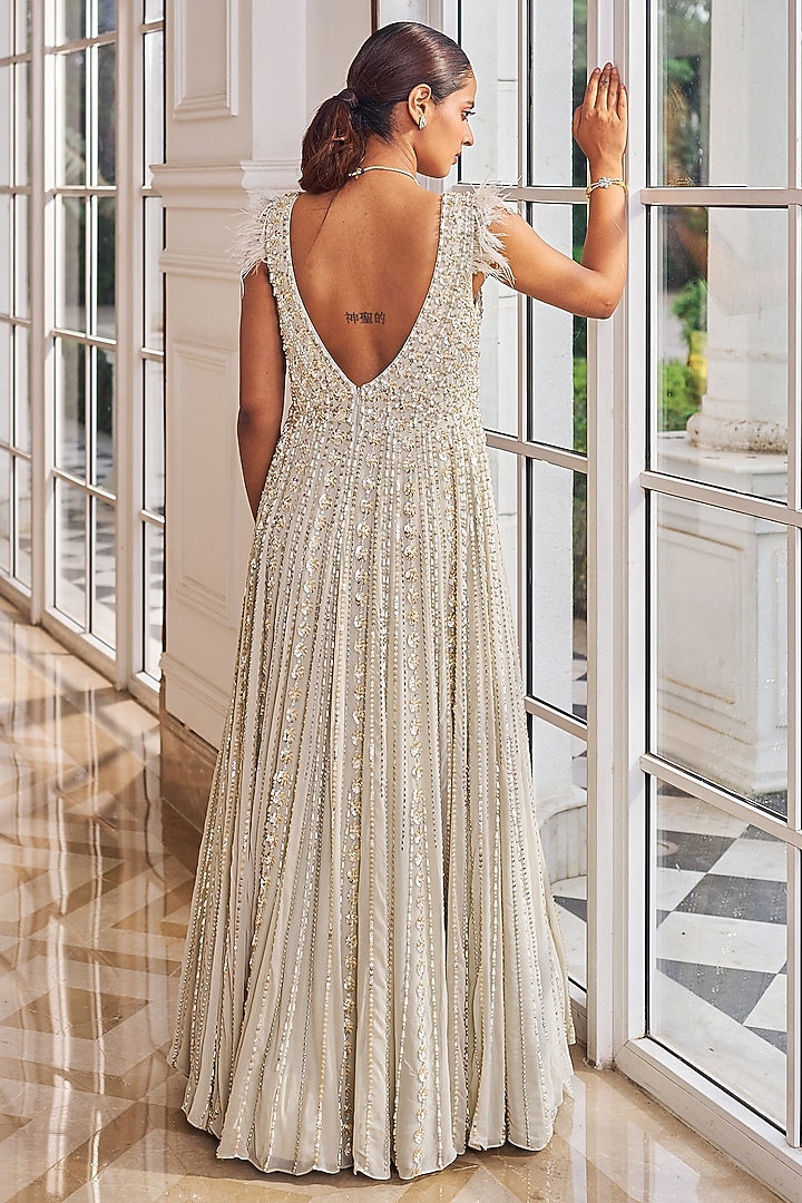 Grey Georgette Pearl Embroidered Wedding Gown by Nidhika Shekhar at Pernia's Pop Up Shop
