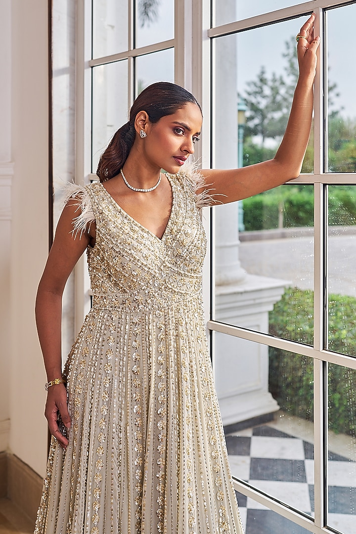 Grey Georgette Pearl Embroidered Wedding Gown by Nidhika Shekhar at Pernia's Pop Up Shop