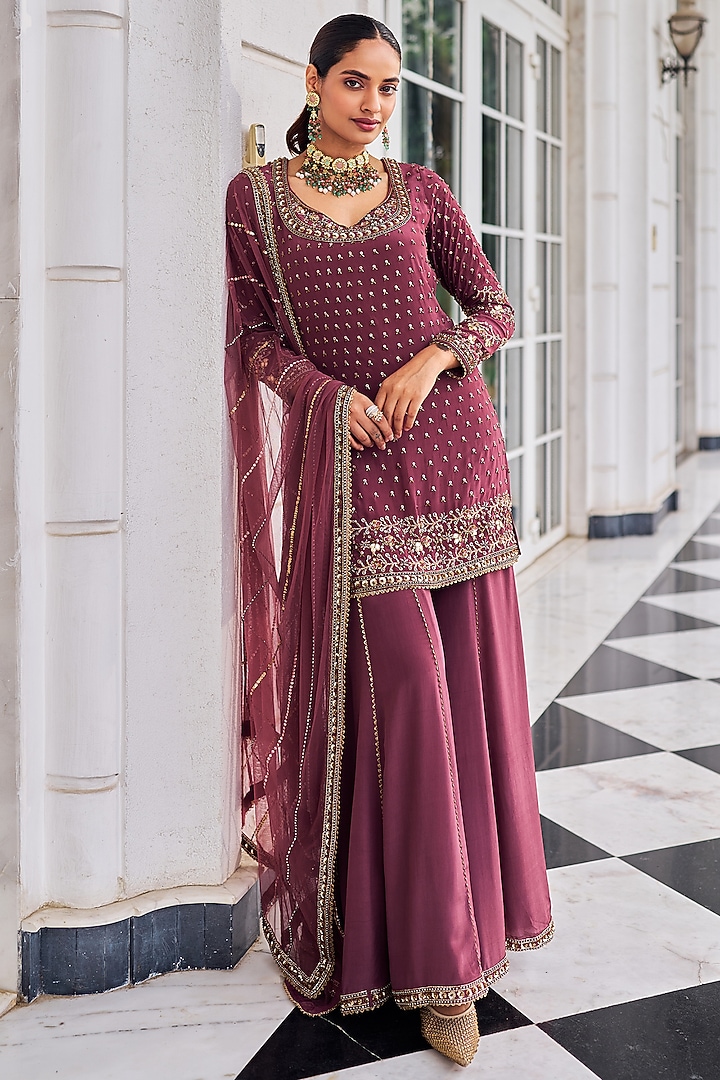 Mouse Colored Crepe Wedding Sharara Set by Nidhika Shekhar at Pernia's Pop Up Shop
