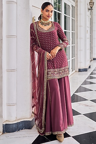 Mouse Colored Crepe Sharara Set by Nidhika Shekhar