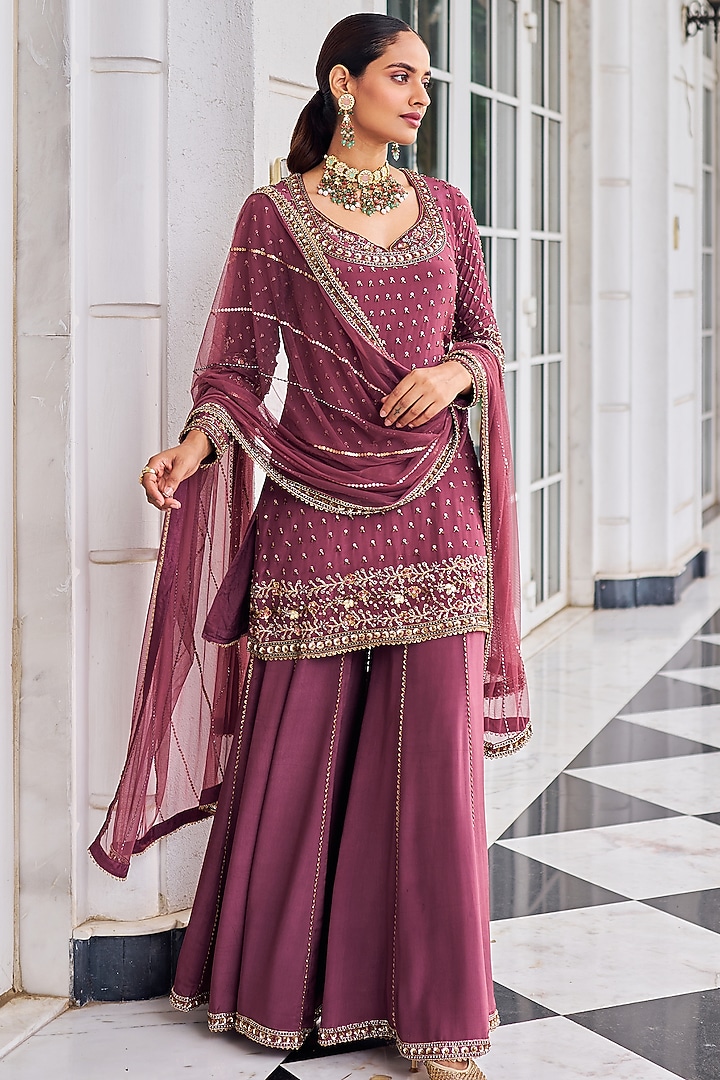 Mouse Colored Crepe Wedding Sharara Set by Nidhika Shekhar at Pernia's Pop Up Shop