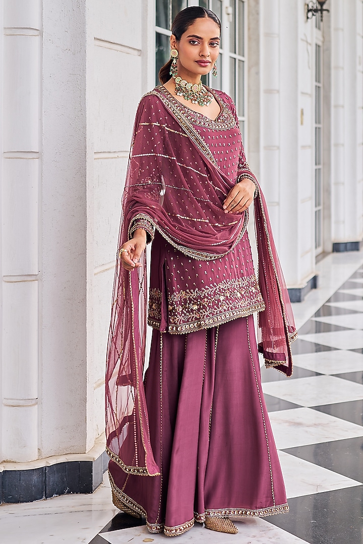 Mouse Colored Crepe Wedding Sharara Set by Nidhika Shekhar at Pernia's Pop Up Shop