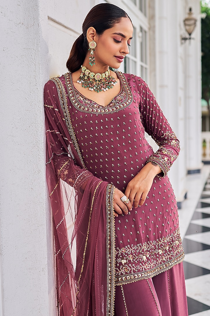 Mouse Colored Crepe Wedding Sharara Set by Nidhika Shekhar at Pernia's Pop Up Shop