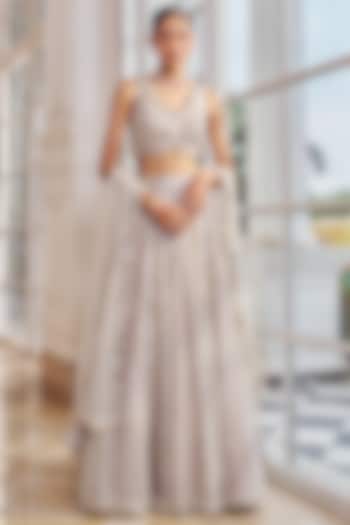 Grey Net & Organza Embroidered Wedding Lehenga Set by Nidhika Shekhar at Pernia's Pop Up Shop