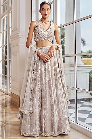 Grey Net & Organza Embroidered Lehenga Set by Nidhika Shekhar