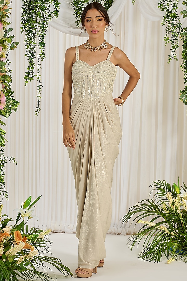 Ivory Hand Embroidered Draped Gown by Nidhika Shekhar