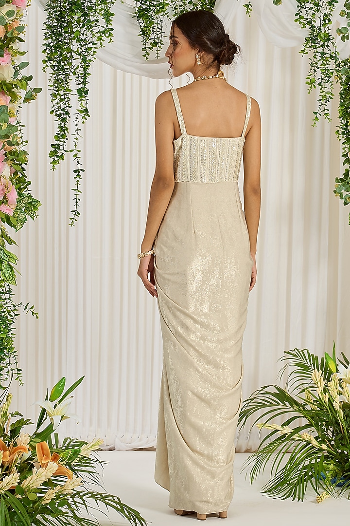 Ivory Hand Embroidered Draped Engagement Gown by Nidhika Shekhar at Pernia's Pop Up Shop