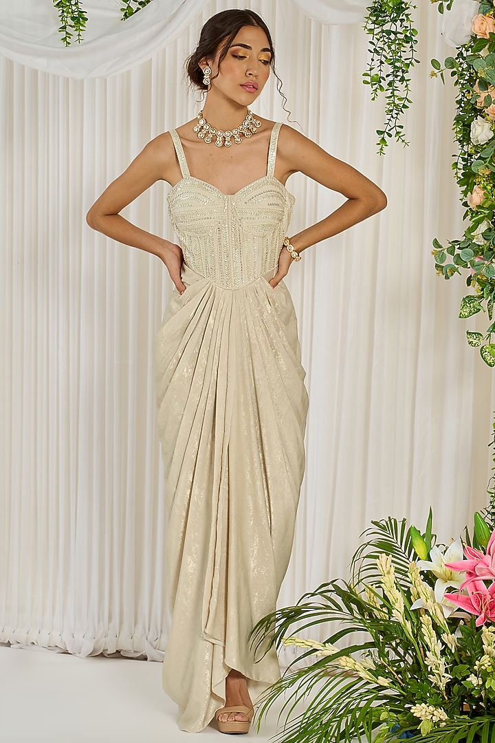 Ivory Hand Embroidered Draped Engagement Gown by Nidhika Shekhar at Pernia's Pop Up Shop