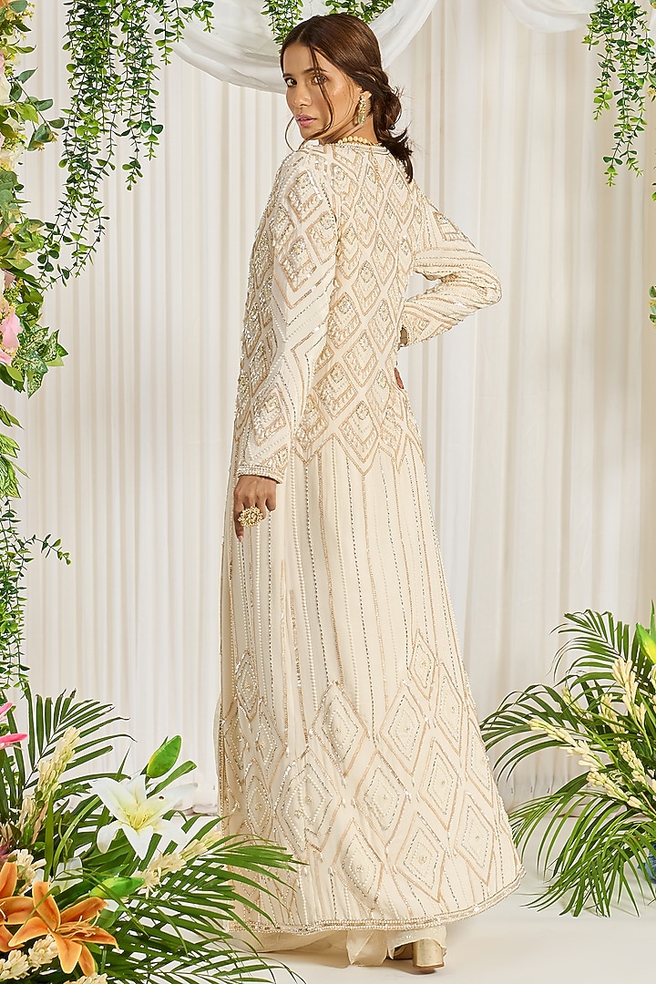 Ivory Foil Georgette & Crepe Jacket Wedding Saree Set by Nidhika Shekhar at Pernia's Pop Up Shop