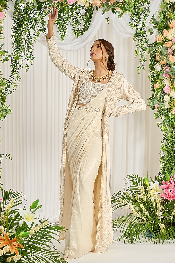 Ivory Foil Georgette & Crepe Jacket Wedding Saree Set by Nidhika Shekhar at Pernia's Pop Up Shop