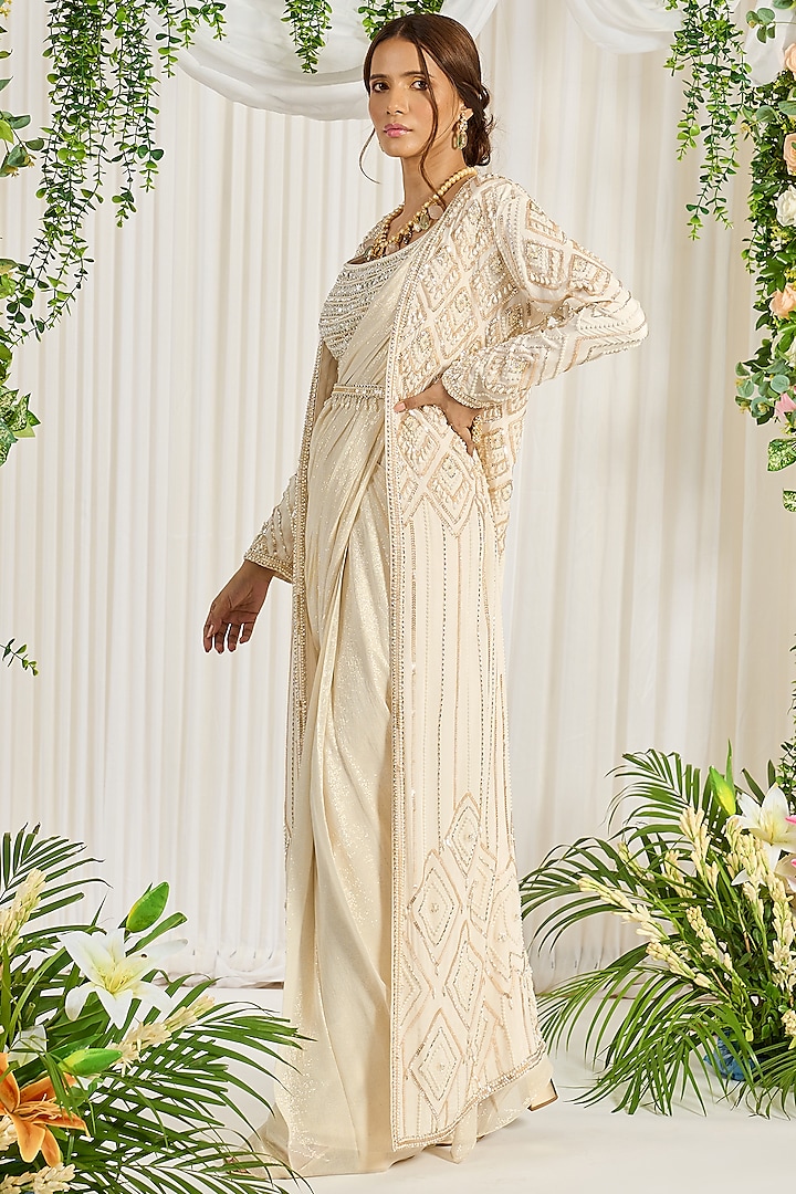 Ivory Foil Georgette & Crepe Jacket Wedding Saree Set by Nidhika Shekhar at Pernia's Pop Up Shop