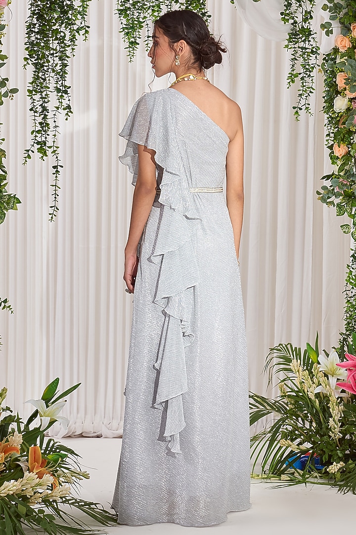 Silver Hand Embroidered One-Shoulder Party Wear Gown by Nidhika Shekhar at Pernia's Pop Up Shop