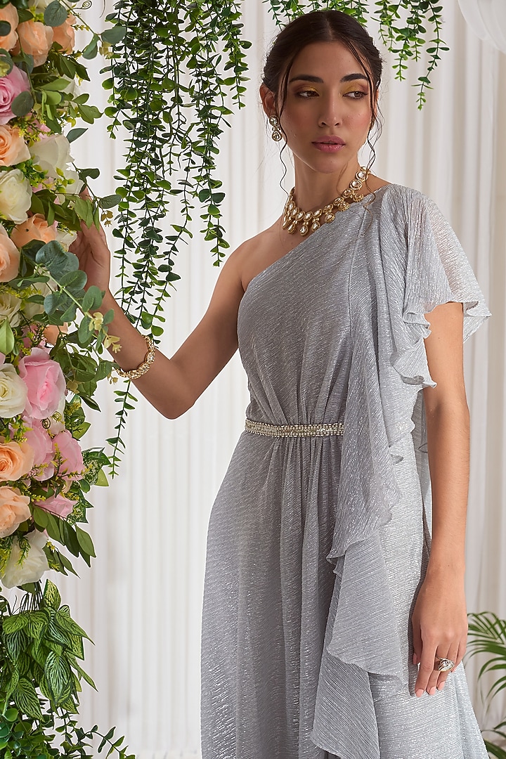 Silver Hand Embroidered One-Shoulder Party Wear Gown by Nidhika Shekhar at Pernia's Pop Up Shop