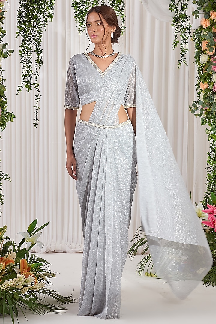 Silver Lycra Draped Party Wear Saree Set by Nidhika Shekhar at Pernia's Pop Up Shop