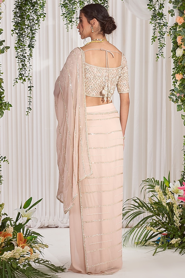 Soft Pink Georgette Hand Embroidered Draped Wedding Saree Set by Nidhika Shekhar at Pernia's Pop Up Shop