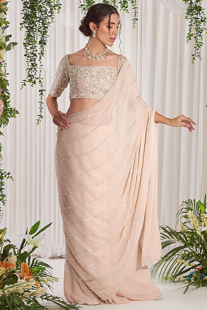 Soft Pink Georgette Hand Embroidered Draped Wedding Saree Set by Nidhika Shekhar at Pernia's Pop Up Shop