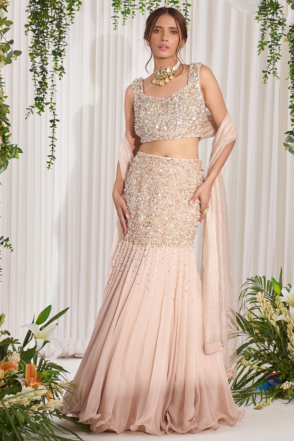 Onion Pink Organza Lehenga And Crop Top With Multi Colored Resham  Embroidered Flowers And A Designer