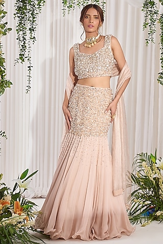 Soft Pink Hand Embroidered Fish-Cut Lehenga Set by Nidhika Shekhar
