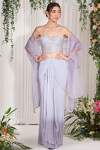 Dull Lilac Silk Pearl Hand Embroidered Draped Skirt Set by Nidhika Shekhar at Pernia's Pop Up Shop