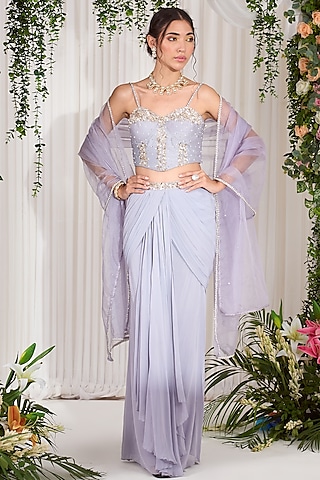 Dull Lilac Silk Pearl Hand Embroidered Draped Skirt Set by Nidhika Shekhar