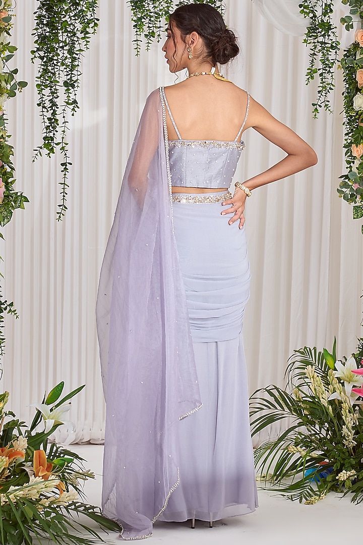 Dull Lilac Silk Pearl Hand Embroidered Draped Skirt Set by Nidhika Shekhar at Pernia's Pop Up Shop