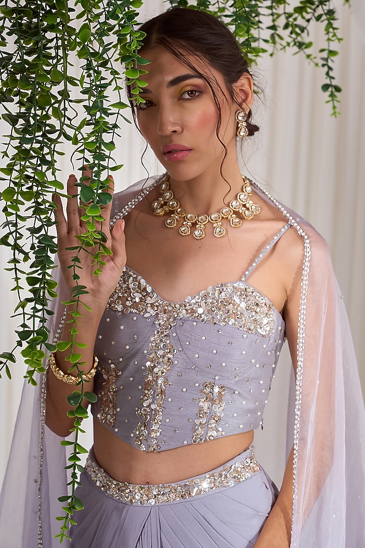 Dull Lilac Silk Pearl Hand Embroidered Draped Skirt Set by Nidhika Shekhar at Pernia's Pop Up Shop